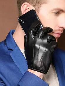 Men's Touchscreen Leather Gloves For Autumn And Winter. Thermal-Lined And Thickened For Warmth And Cold Protection. Full Palm Touchscreen Control For Mobile Phones. Soft And Fits The Hands Well, Preventing Sweating. Versatile Black Full-Finger Gloves For Outdoor Activities, Driving, Cycling, And Commuting. - PU Gloves - View 2