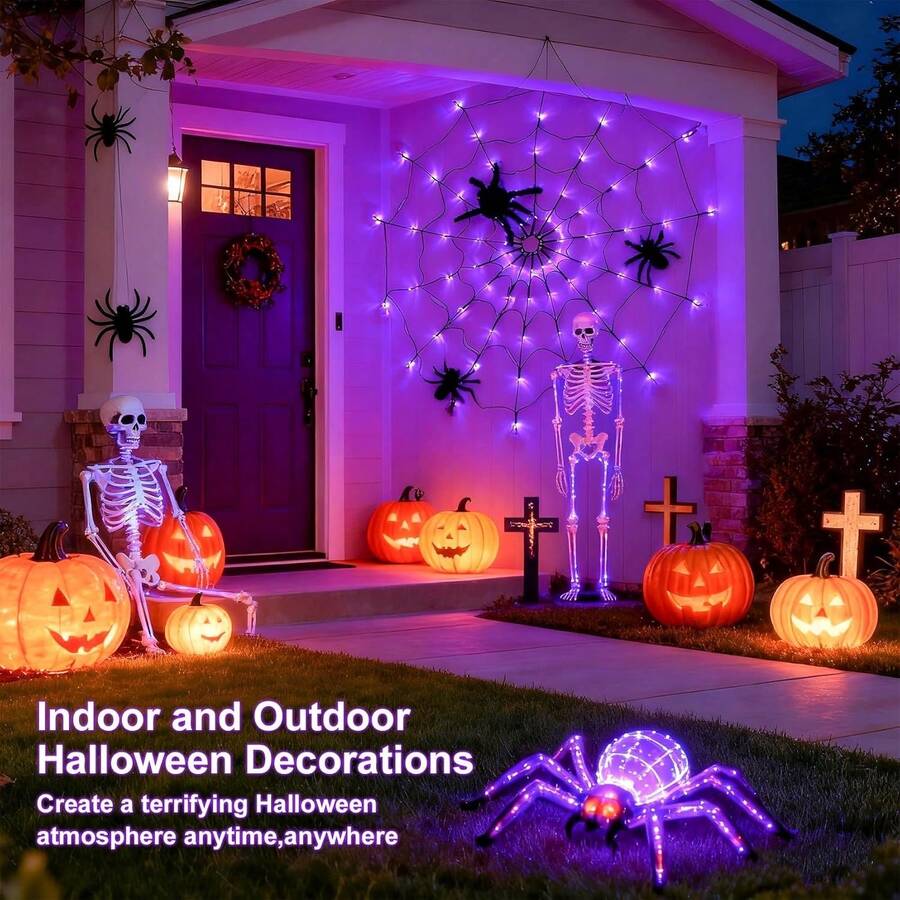 LED Spider Web Lights 4ft Purple Halloween Decoration String Lights | 70 LED Bulbs, 8 Lighting Modes, Remote Control And Battery Powered, Create Mysterious Atmosphere, Suitable For Halloween Theme Party Garden Holiday Halloween Party Decoration
