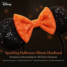 Disney Halloween Minnie Mouse Ear Headband, Orange And Black Sequin Decoration With Bow, Shiny Hair Accessory, Suitable For Theme Park Cosplay, Halloween Party And Autumn Outfit, Suitable For Women - A - View 5