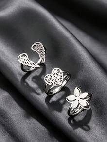 3pcs Vintage Niche Silver Stainless Steel Hollow Angel Wings Flower Heart Open Rings For Women And Men, Daily Wear, Party, Anniversary - Silver - View 5