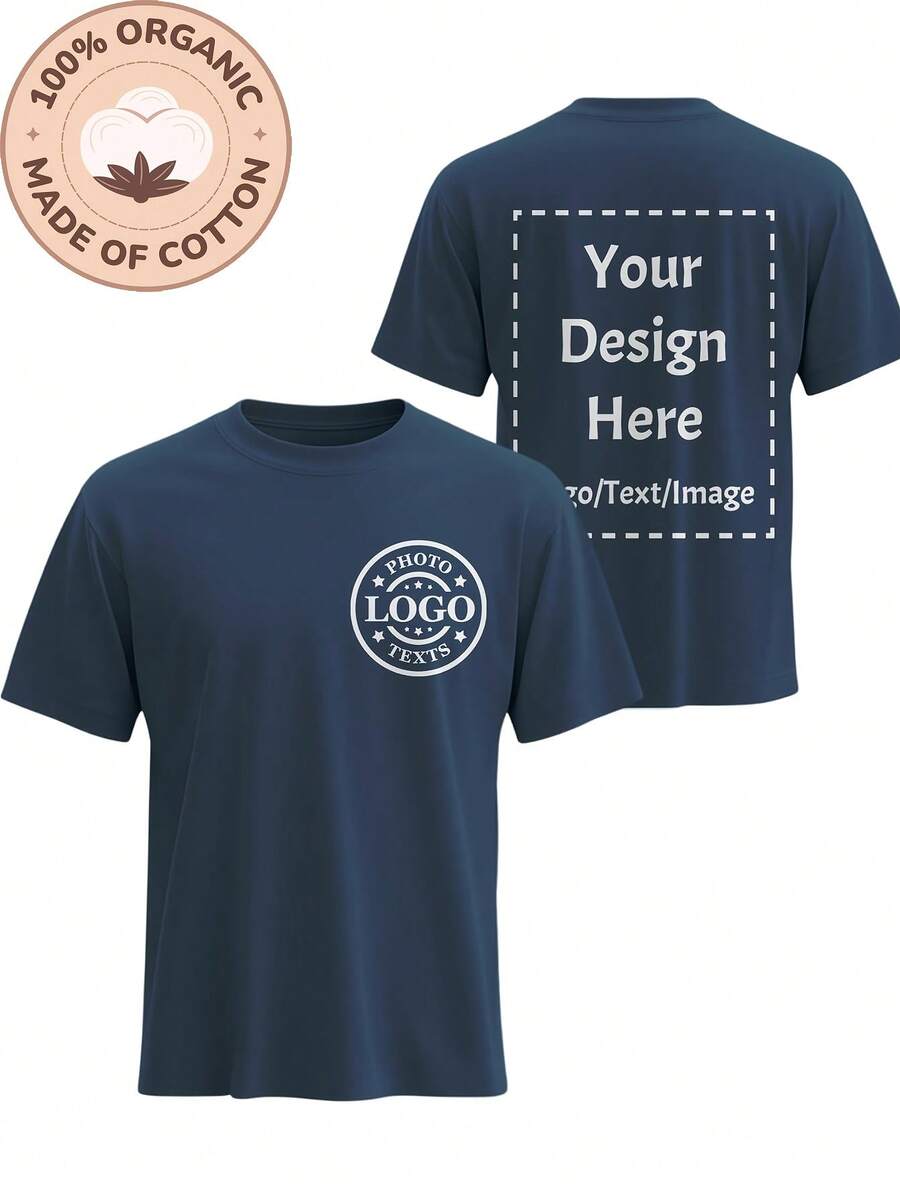 Men's Cotton Custom T-Shirt - Personalized Double-Sided Print Suitable For Team Uniforms, Events | Soft Slim Fit Short Sleeve With /Text/Design - Navy Blue - View 1