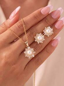 3pcs/Set Gentle Gradient Cubic Zirconia Surrounded Faux Pearl Sunflower Pendant Necklace & Earrings Set, Suitable For Women's Daily Commute Wear - Sunflower Set - View 5