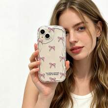 1pc Ins Cream Edge English Font Bow Pattern Phone Case, Compatible With 17 16 15 14 13 12 11 Pro Max, Transparent Phone Protective Cover Waterproof Shockproof Scratch-Resistant - Multicolor - View 5