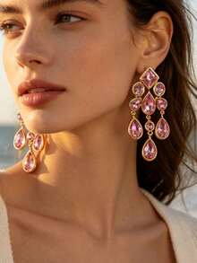 ZR Rhinestone Teardrop Pendant Earrings, Gold Exaggerated Party Jewelry - Geometric Colorful Rhinestone Earrings - View 9