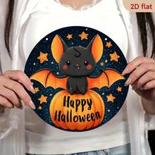 萬聖節主題 2D 平面木製印花裝飾，蝙蝠與南瓜圖案，飾有「Happy Halloween」字樣及星星月亮設計，適合居家、酒吧與咖啡廳裝飾 - A - 查看 4