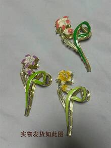 3件/1件馬卡龍色百合金屬髮夾，優雅綠葉髮抓，甜美花卉髮髻飾品，適合女性 - 彩色 - 查看 10
