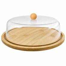 28x8.5cm Wood Bamboo Round Serving Tray With Glass Dome Lid, Cheese Cake Display Stand, Random Color - View 4
