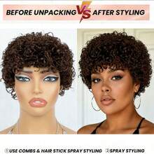 AMECIRE Brown Wig Curly Wig Pixie Cut Wig Human Hair Wigs Human Affordable Wear & Go Wigs Short Hair Wig Wigs Human Hair Put On And Go Elastic Mesh Cap Suitable For All People - S4 - View 4