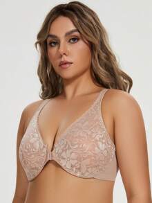 MELENECA Women's Front Closure Plus Size Racerback Stretch Lace Underwire Bra - Beige - View 6