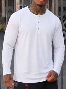 Men's Casual Solid Loose Fit Long Sleeve Henley Shirts Fashion White Button Placket Top - White - View 1