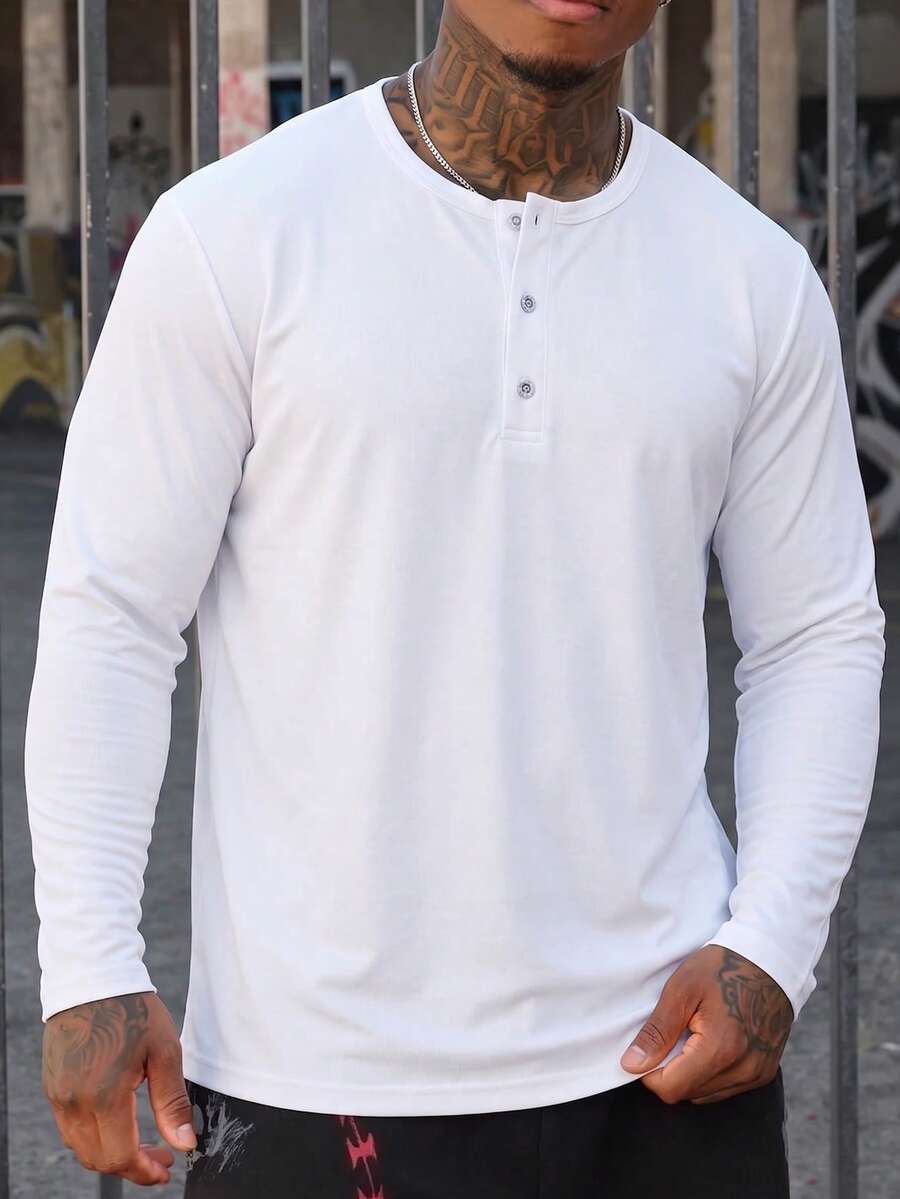 Men's Casual Solid Loose Fit Long Sleeve Henley Shirts Fashion White Button Placket Top - White - View 1