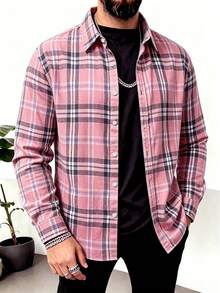 Men's Button Collar Long Sleeve Plaid Casual Shirt, Pink, Autumn/Winter - Pink - View 1