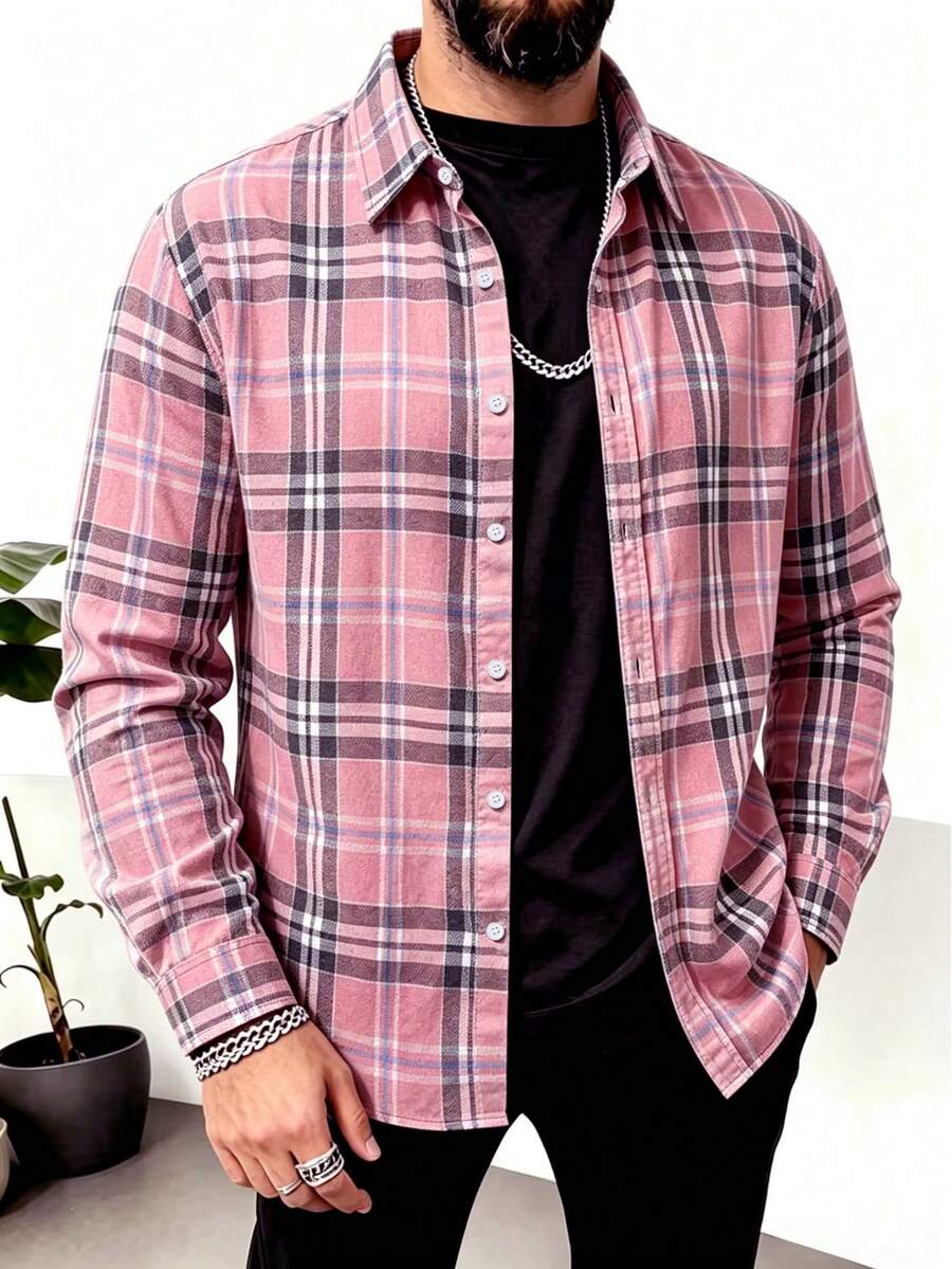 Men's Button Collar Long Sleeve Plaid Casual Shirt, Pink, Autumn/Winter - Pink - View 1