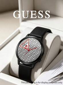 GUESS 中性復古三角問號 Logo 系列手錶，圓盤壓紋 Logo，多色矽膠錶帶，休閒街頭石英腕錶 - 黑色 - 查看 2
