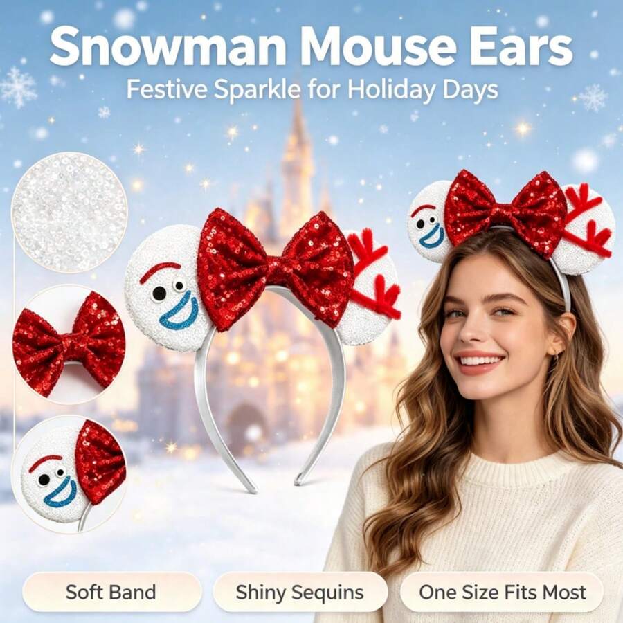1pc Disney Minnie Ears Headband, White Sequin Ears With Red Bow And Character Decoration, Shiny Hair Accessory For Theme Park Enthusiasts - View 1