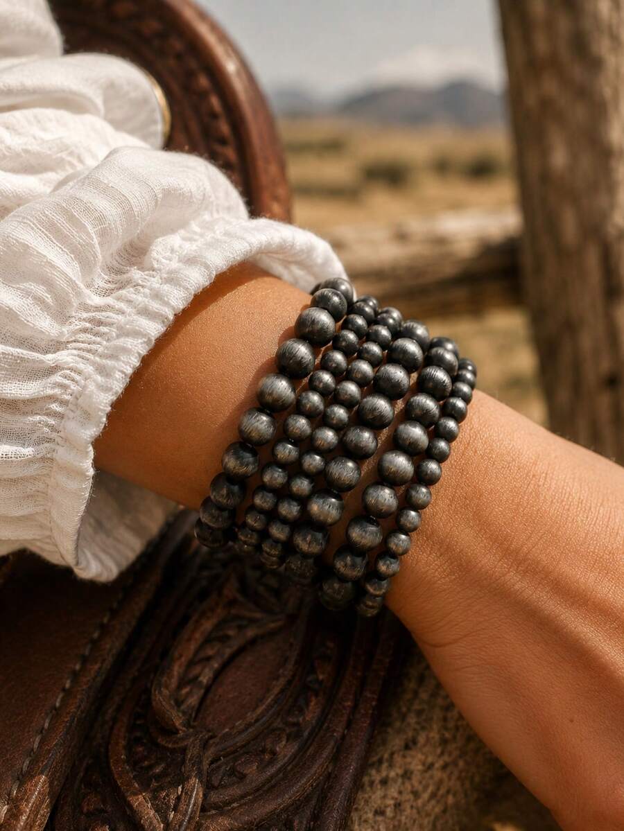 6pcs/Set Round Faux Pearl Women's Bracelets, Vintage Bohemian Western Country Style, Fashion Women's Jewelry, Western Style Jewelry - Black and White - View 1