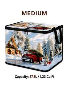 Christmas Foldable Storage Box With Zipper Lid, Collapsible Zipper Storage Bin With Lid And Handles, Large Capacity Clothing And Bedding Organizer Box With Handles, Christmas Tree And Red Truck Pattern Blanket Storage Box - Multicolor - View 13