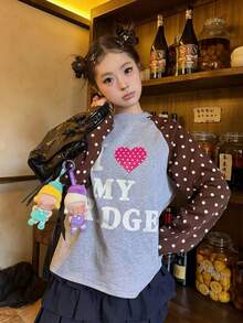 Women's American Style Heart & Polka Dot Raglan Long Sleeve T-Shirt, Loose Casual Versatile Top - Grey - View 8