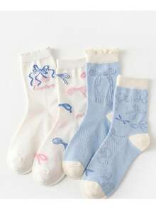 4 Pairs Blue Bow White Ruffle Mid-Calf Socks, Women's Socks, Sweet And Cute Socks, Student Socks, Preppy Design, Suitable For All Seasons, Christmas Gift - Multicolor - View 10