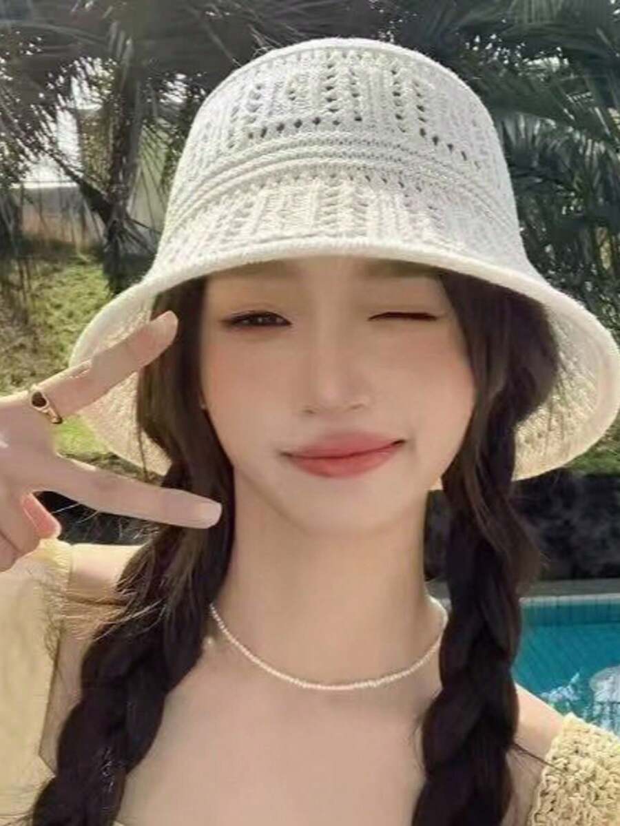 黑色鏤空鉤編水桶帽附金屬標牌,女款透氣防曬夏季水桶帽 - 彩色 - 查看 1