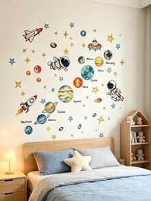 Large Solar System Planets Educational Wall Decals Astronaut Space Spaceship Rocket Stars Pattern DIY Peel And Stick Vinyl Stickers For Kids Room Nursery Bathroom Bedroom Game Room Home Decor Gift - Multiple Styles - View 1