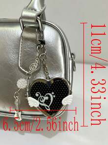 1pc Korean Vintage Heart With Small Wings Mirror Bag Charm, Ins Style Music Note Guitar Pendant, Portable Heart-Shaped Small Mirror Keychain - Multicolor - View 4
