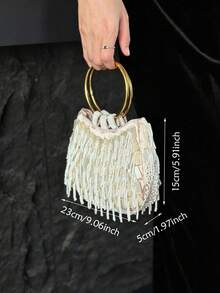 Women Evening Handbags,Half Moon Ring Top Handle Bag, White Bead Tassel Sequin Pattern,Large Gold Round Ring Handle For Wedding Prom Gala Club Party - Champagne - View 8