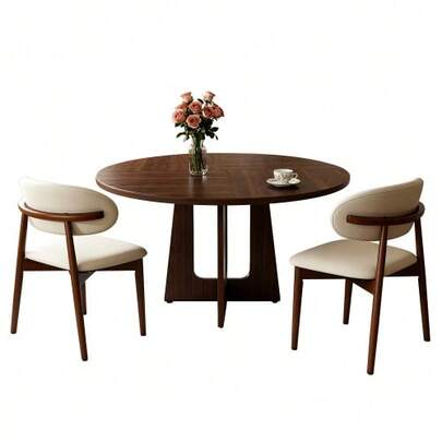 Modular Round Dining Table Set Consisting Of 1 Dining Table And 2 Dining Chairs, MDF Table With White Marble Effect, Dining Chairs With Oak Legs For Dining Room And Living Area