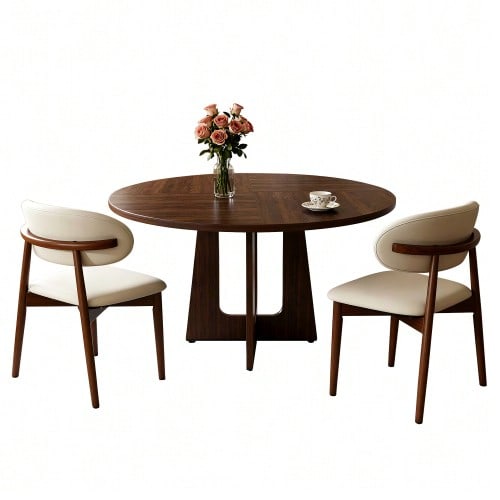 طقم طاولة طعام دائرية وحدات يتكون من 1 طاولة طعام و 2 كرسي طعام، طاولة من خشب MDF بتأثير الرخام الأبيض، كراسي طعام بأرجل من خشب البلوط لغرفة الطعام ومنطقة المعيشة
