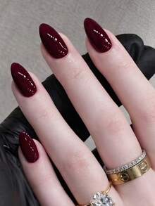 30pcs Long Almond Shaped Solid Color Full Cover Fake Nails, Nail Art Set, Nail Supplies - Red Violet - View 2