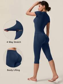 TimeOff Conjunto deportivo de mujer de un solo color sin costuras con cuello redondo, manga corta, cintura acanalada y pantalones de largo medio - Azul Marino - Ver 3