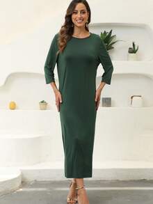 JINLICX Dark Green Round Neck 3/4 Sleeve Solid Basic Long Maxi Dress Underdress For Evening Gown - Dark Green - View 3