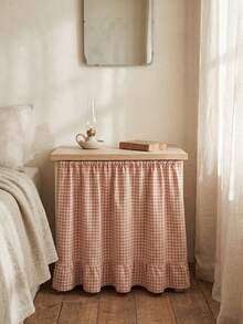 1pc Khaki White Plaid Table Skirt, Warm Natural Style, Rectangular With Ruffle Edge And Pleated Details, Concealing Storage And Decorative Function, Suitable For Home Storage And Indoor Decor Scenes - Khaki - View 2