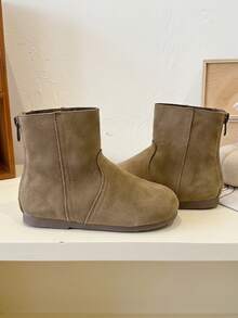 1 Pair 2026 New Children's Ankle Boots, Minimalist Back Zipper Solid Color Design, Korean Gentle Casual Style, Versatile For Daily Wear - Khaki - View 4