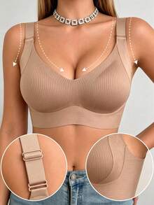 Sujetador sin costuras para mujer - Tirantes ajustables, soporte inalámbrico, adecuado para uso diario, tela súper suave y transpirable, ropa de primavera para mujer, sujetador de lencería cómodo - Caqui - Ver 9