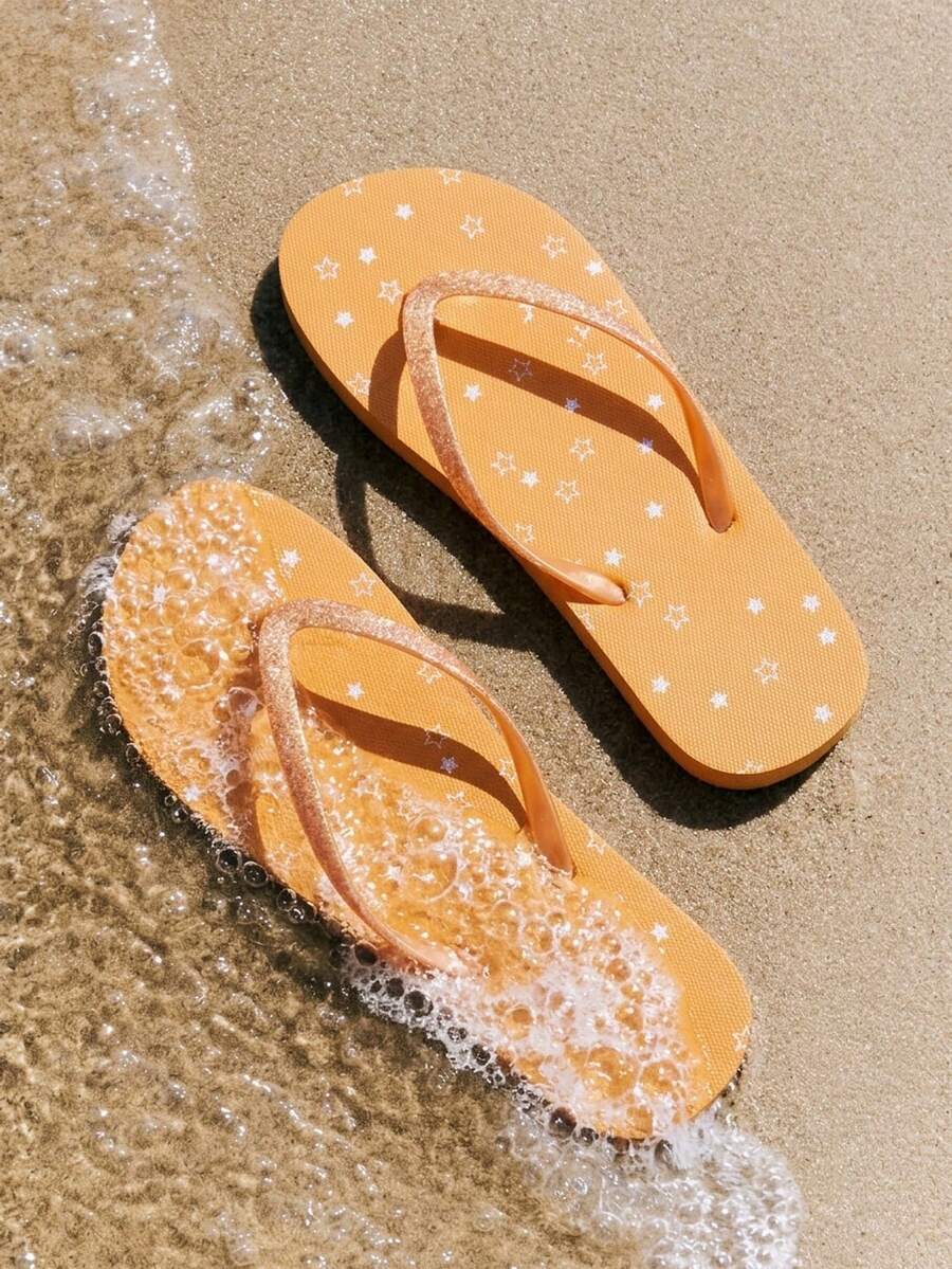 Grefit 女款夏季印花彩虹花朵夾腳拖鞋,夏季穿著防滑軟底卡通腳趾涼鞋 - 橘色 - 查看 1
