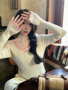 Sweet Pure Korean Style Long Sleeve Knit Sweater With Bow Design, Unique Slim Fit Base Layer Top For Autumn/Winter Fall - Apricot - View 1