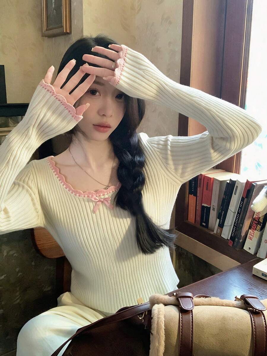 Sweet Pure Korean Style Long Sleeve Knit Sweater With Bow Design, Unique Slim Fit Base Layer Top For Autumn/Winter Fall - Apricot - View 1