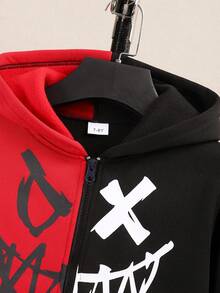 Purechapter 2pcs Tween Boys Fashion Casual Funny Smiling Face Contrast Color Zipper Fleece Hoodie Jacket And Sweatpants, Suitable For Halloween Outfit, Daily Outdoor Party Activities, Autumn/Winter - Multicolor - View 6