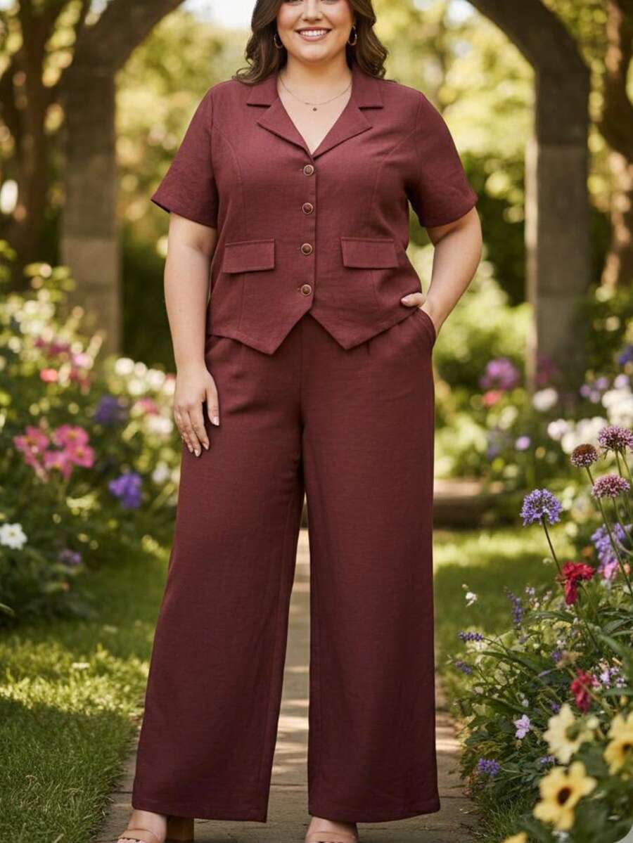conjunto elegante plus size calsa pantalona e blusa de tesido censorial marrant - Vinho - Visão 1