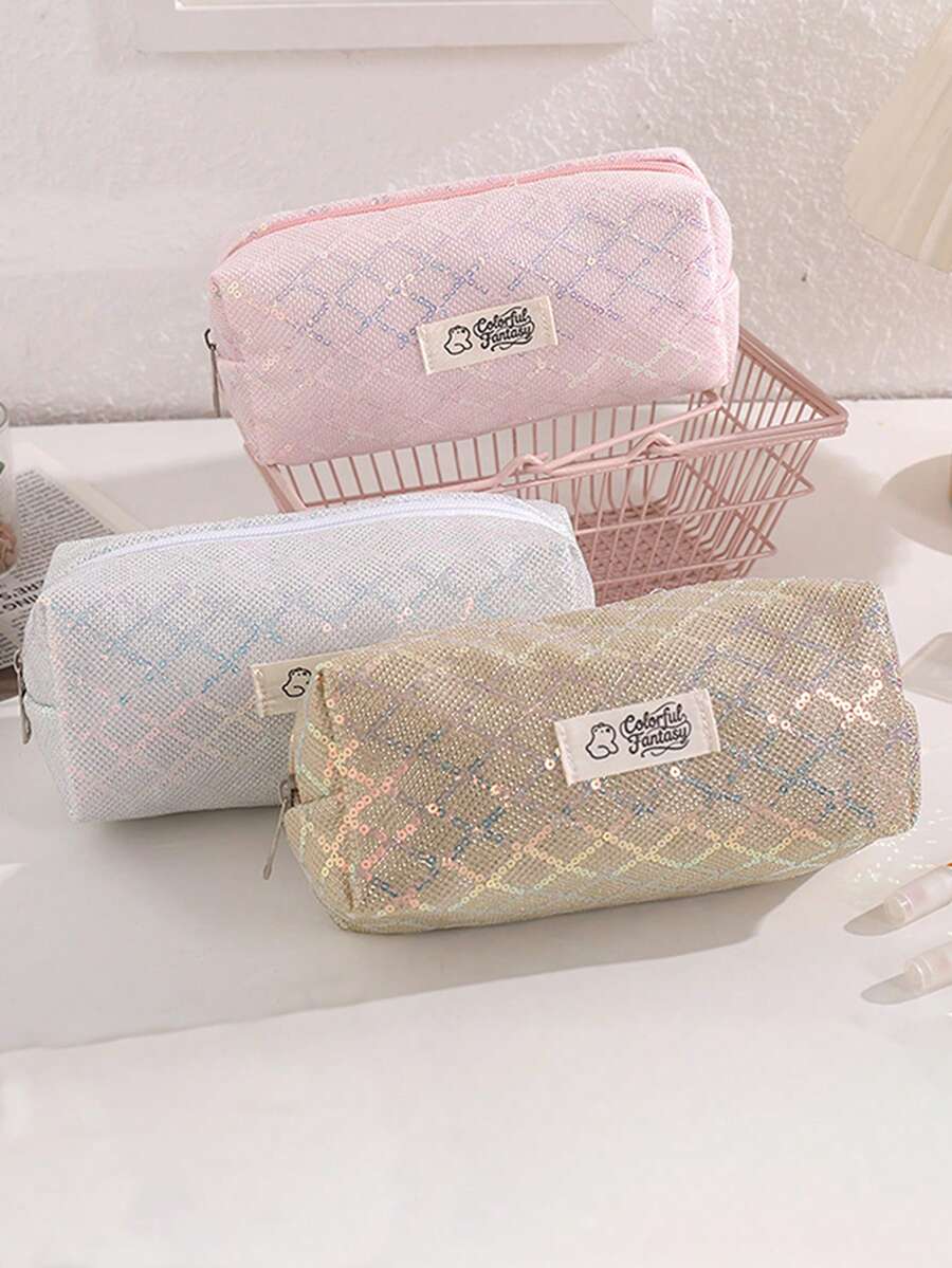 1PC Sequin Diamond-Pattern Pencil Case, For Storing Study And Office Desk Items,Back To School Portable Stationery Pouch For Students - Multicolor - View 1