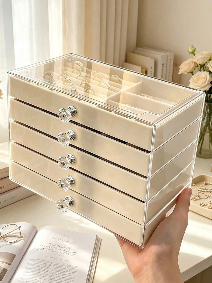 1 pieza Caja de joyería de acrílico transparente de 5 niveles, organizador de almacenamiento de joyería de gran capacidad, estuche de exhibición de joyería con estilo de cajón, adecuado para aretes, anillos, pulseras, collares, ideal para la organización y el almacenamiento de joyas en el hogar