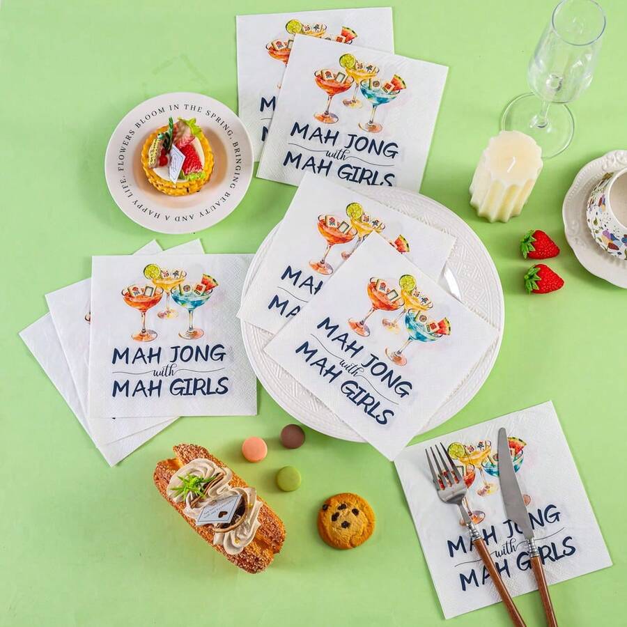 20/60/80pcs Mahjong Theme Girl Style Disposable Paper Napkins, 2-Ply Cocktail Glass Print Decorative Napkins, Bachelorette Party Gathering Table Decor, Women's Dining Napkins - Wine Glass Mahjong Paper Napkins - View 1