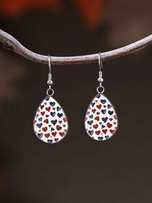 1 Pair Red & Blue Contrast Heart Romantic Vintage Pattern 316 Stainless Steel Water Drop Earrings For Women, Daily Wear, Gift - Ivory - View 2