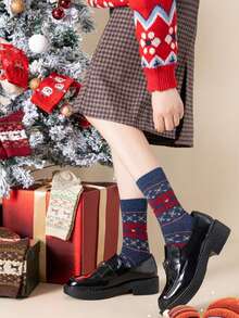 1/6雙女款中筒襪－聖誕老人、雪人、馴鹿紅色圖案－保暖抓絨內裡，適合聖誕穿著 - 彩色 - 查看 4
