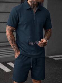 男士华夫格 Polo 衫 + 短裤两件套，休闲日常穿着，夏季 - 藏蓝色 - 查看 1