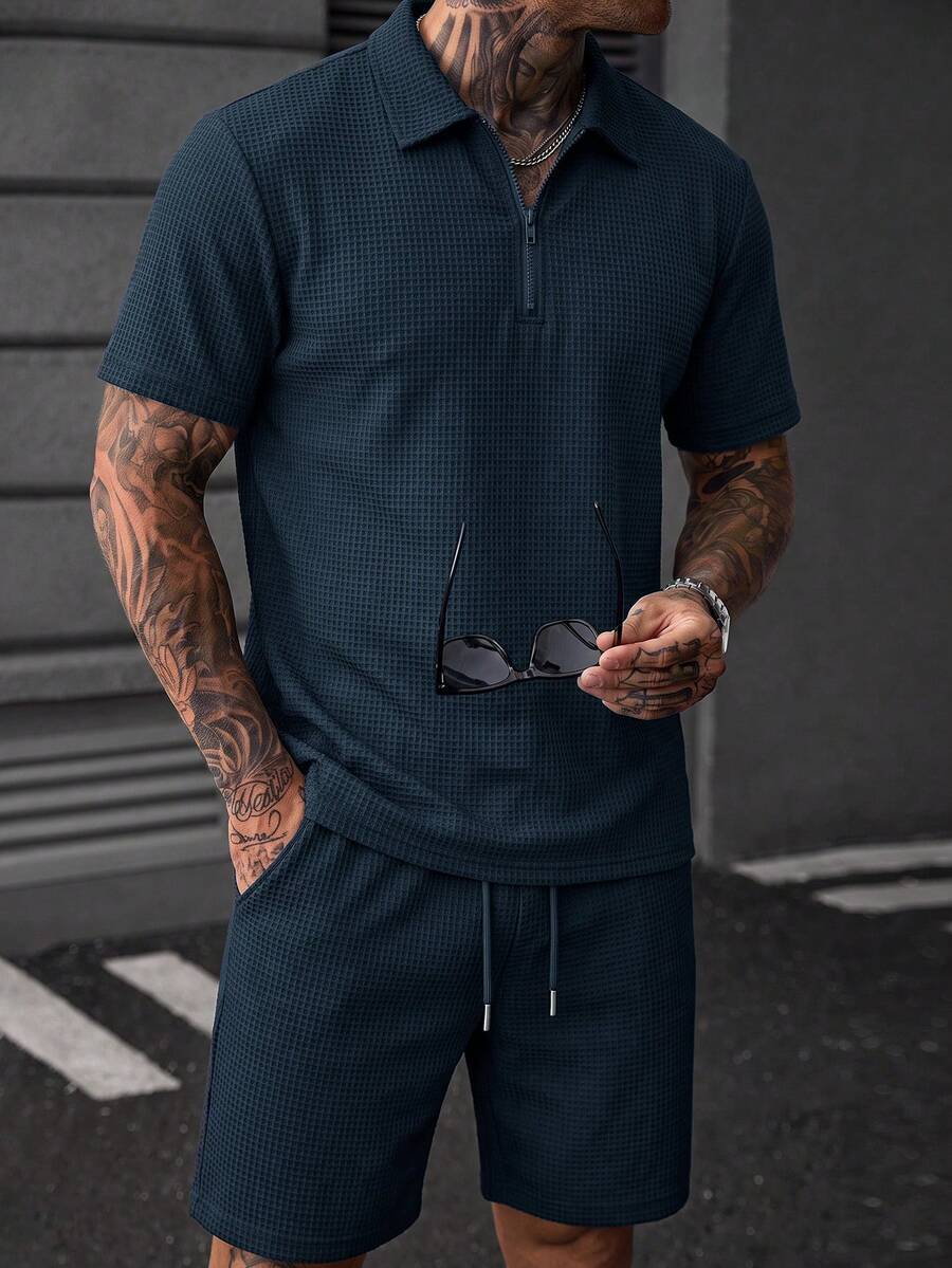 男士华夫格 Polo 衫 + 短裤两件套,休闲日常穿着,夏季 - 藏蓝色 - 查看 1