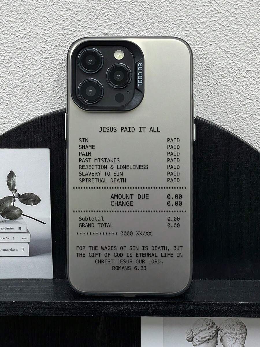 1件創意帳單收據英文經文圖案手機殼,Jesus Paid It All 羅馬書信仰文字創意印花防震保護殼,適用於 iPhone 17/16 Pro Max/15/14 Plus/13/12/11 保護殼 - 灰色 - 查看 1