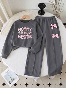 Tween Girl Letter Print Crew Neck Sweatshirt And Bow Decor Long Pants - Dark Grey - View 1
