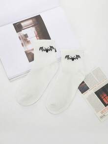 10 Pairs Women's Cute Bat Print Crew Socks, Soft Breathable White Ankle Socks, Harajuku Style Casual Sports Socks For Daily Wear - Multicolor - View 1